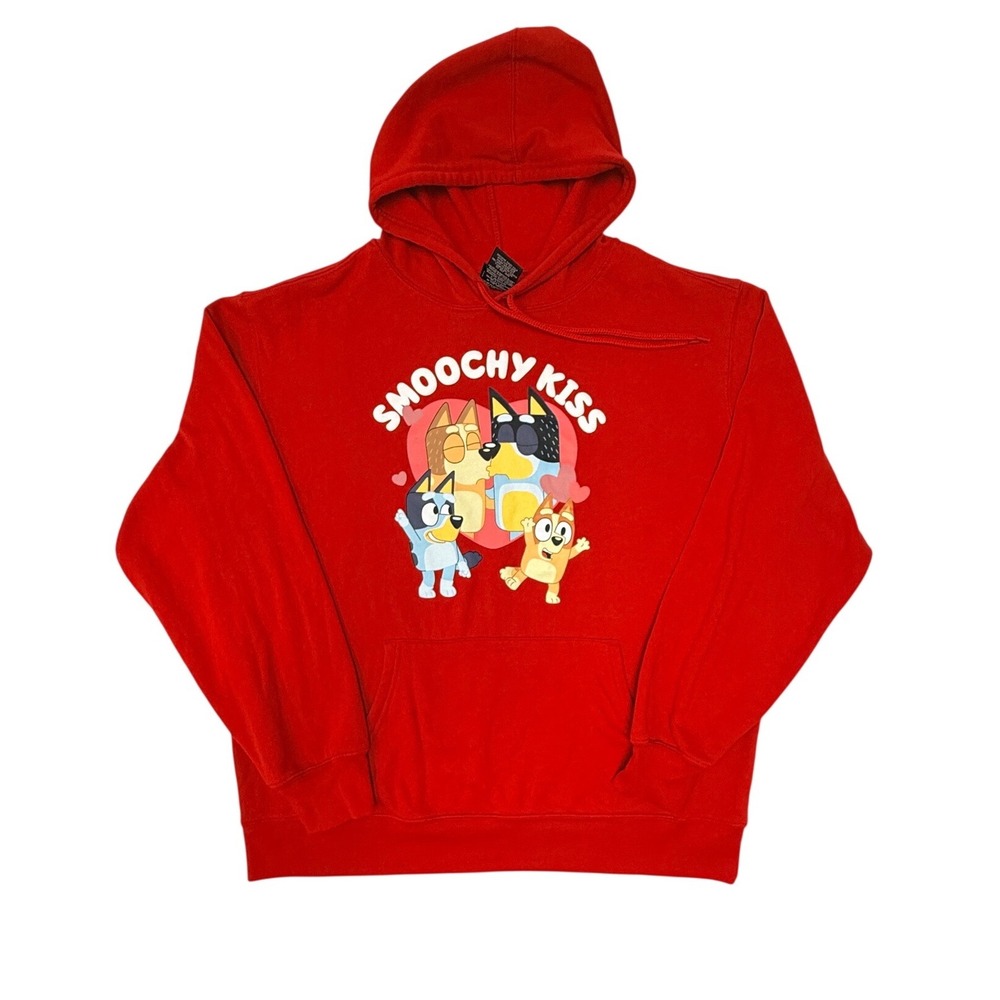 Bluey Smoochy Kiss Red Graphic Hoodie Sweatshirt Large Bandit Chilli Bingo